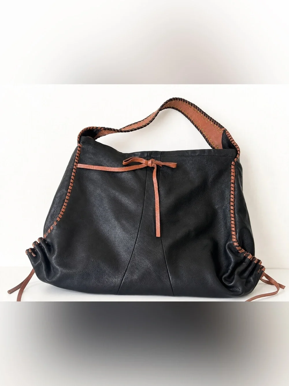 Muxo Black Leather Shoulder Hobo Bag with Brown Trim